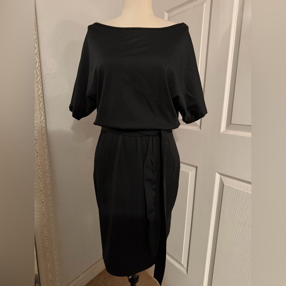 SHEIN Black Midi Dress with Waist Tie